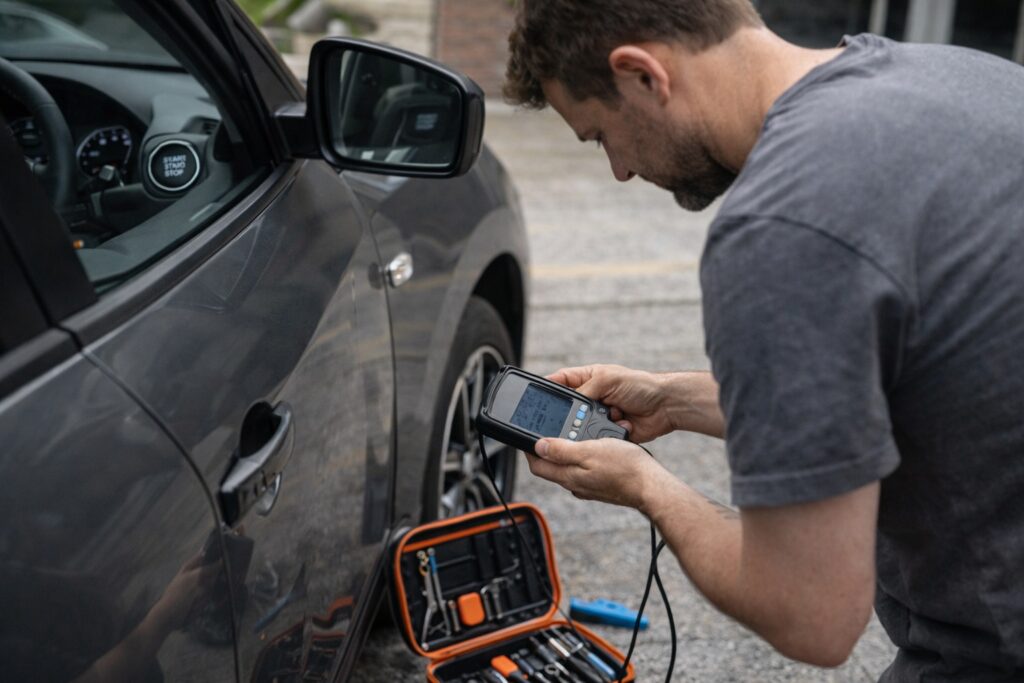Unqualified locksmith working on a modern car, showing risks of cheap locksmith services
