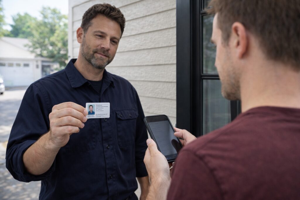 Homeowner verifying locksmith identification before allowing service at the door