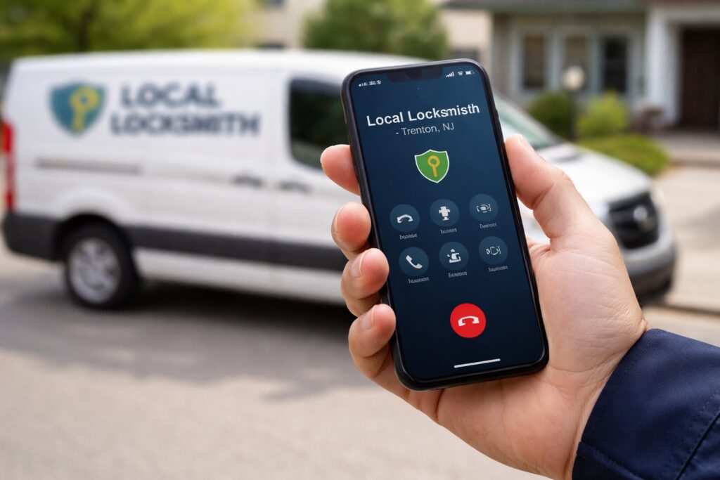 Local locksmith taking a direct service call in Trenton NJ with a mobile locksmith van nearby.
