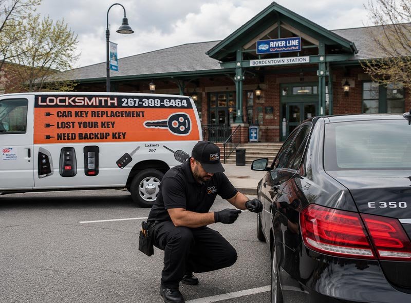 Car-Keyline-Technician-Working-in-front-of-River-Line-Station-making-a-new-key-for-customer
