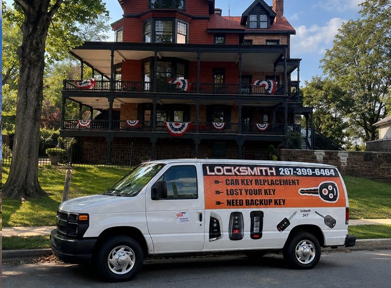Car Keyline Automotive Locksmith Van in Front of Grundy Museum Bristol PA