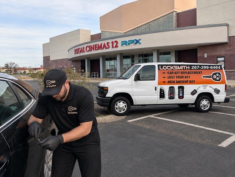 Car Keyline Automotive Locksmith Woking on a car in front of Regal Independence Plaza Groveville NJ