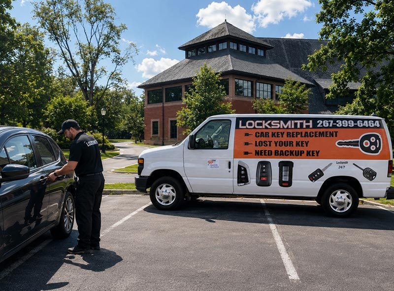 Car Keyline Automotive Locksmith Working on a car in front of The Lawrenceville School Lawrence Township NJ