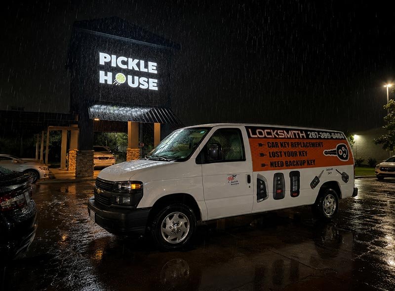 Car Keyline Automotive Locksmith van in front of Pickle House Robbinsville NJ