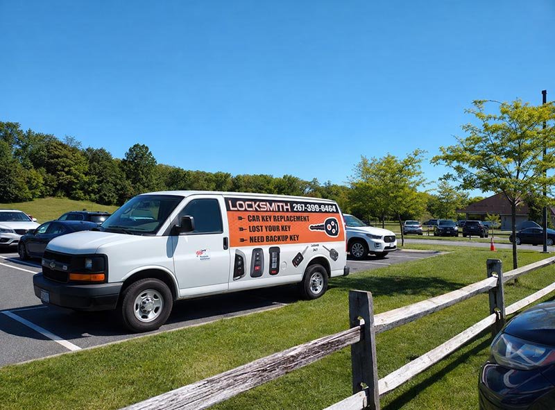 Car Keyline Automotive Locksmith van in front of West Windsor Community Park West Windsor NJ