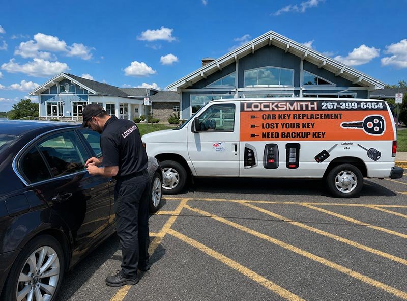 Car Keyline Automotive Locksmith working on a car in front of Mercer County Park West Windsor NJ
