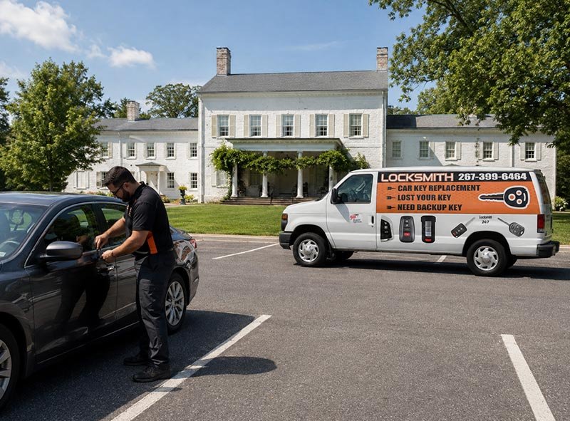 Car Keyline Automotive locksmith working on a car in front of Morven Museum & Garden Princeton NJ